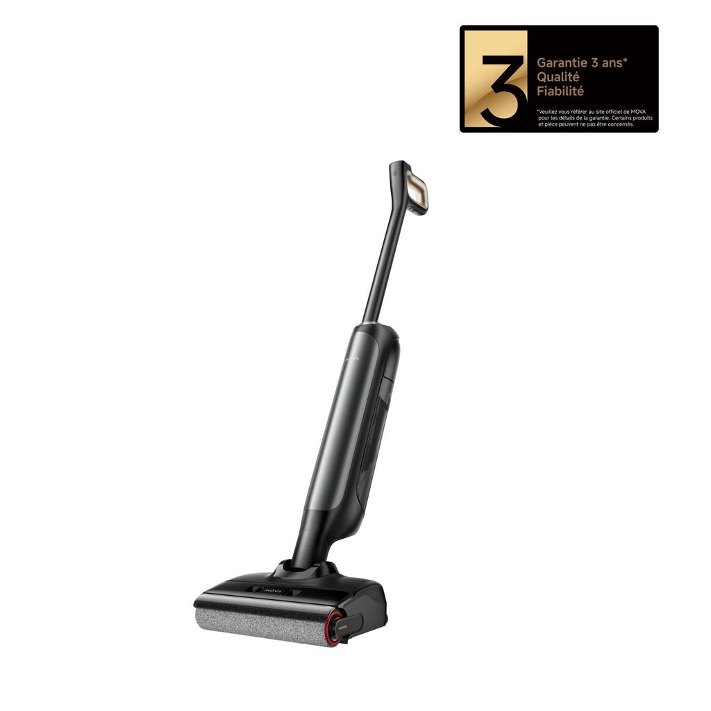 A black and gray wet and dry vacuum cleaner is shown against a white background. A small golden square with the number '3' and French text is in the upper right corner.