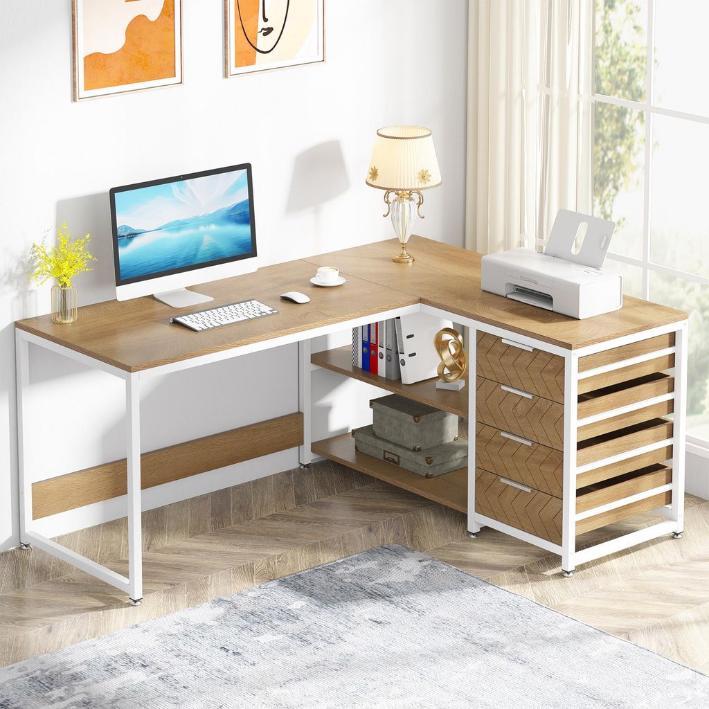 Bureau d'angle de 150 cm, bureau réversible avec tiroirs et Image du produit 