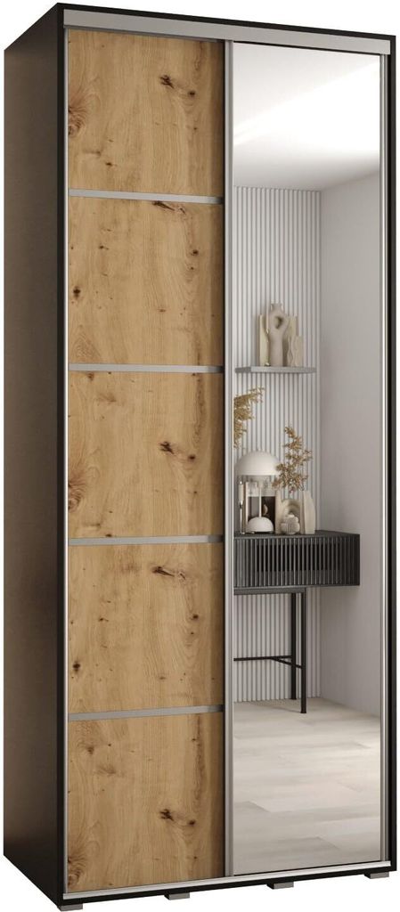 MEBLE KRYSPOL Cannes 5 Schrank mit 2 Schiebetüren - 205,2x100x45 cm - Schwarz Artisan Silber
