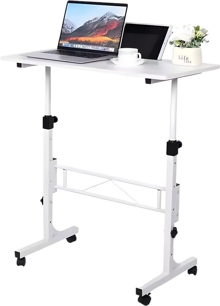 Mobiler Sitz-Steh-Laptoptisch – Höhenverstellbarer Arbeitstisch mit Rollen – Weiß – Für Home Office, Studium & Laptopnutzung
