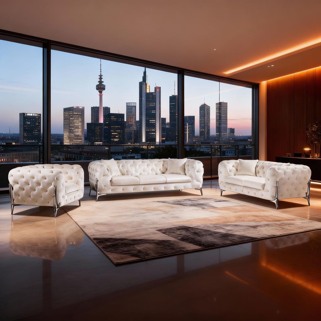 Sofa MONACO, zeitlose Eleganz mit edler Knopfheftung in m Samt Spar-Set, 3-Sitzer + 2-Sitzer + Sessel, Farbe: Chromfarben | Weiß