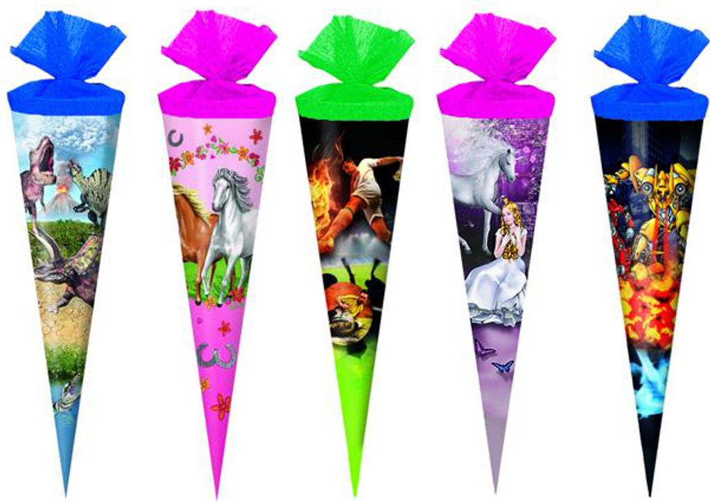 5x Schultüte / Zuckertüte / Länge: 35cm / rund / 5 verschiedene Motive