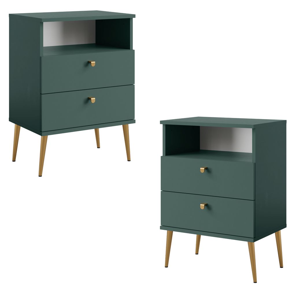 Nachtschrank 2er Set grün mit Metallfüßen goldfarben HULL-166