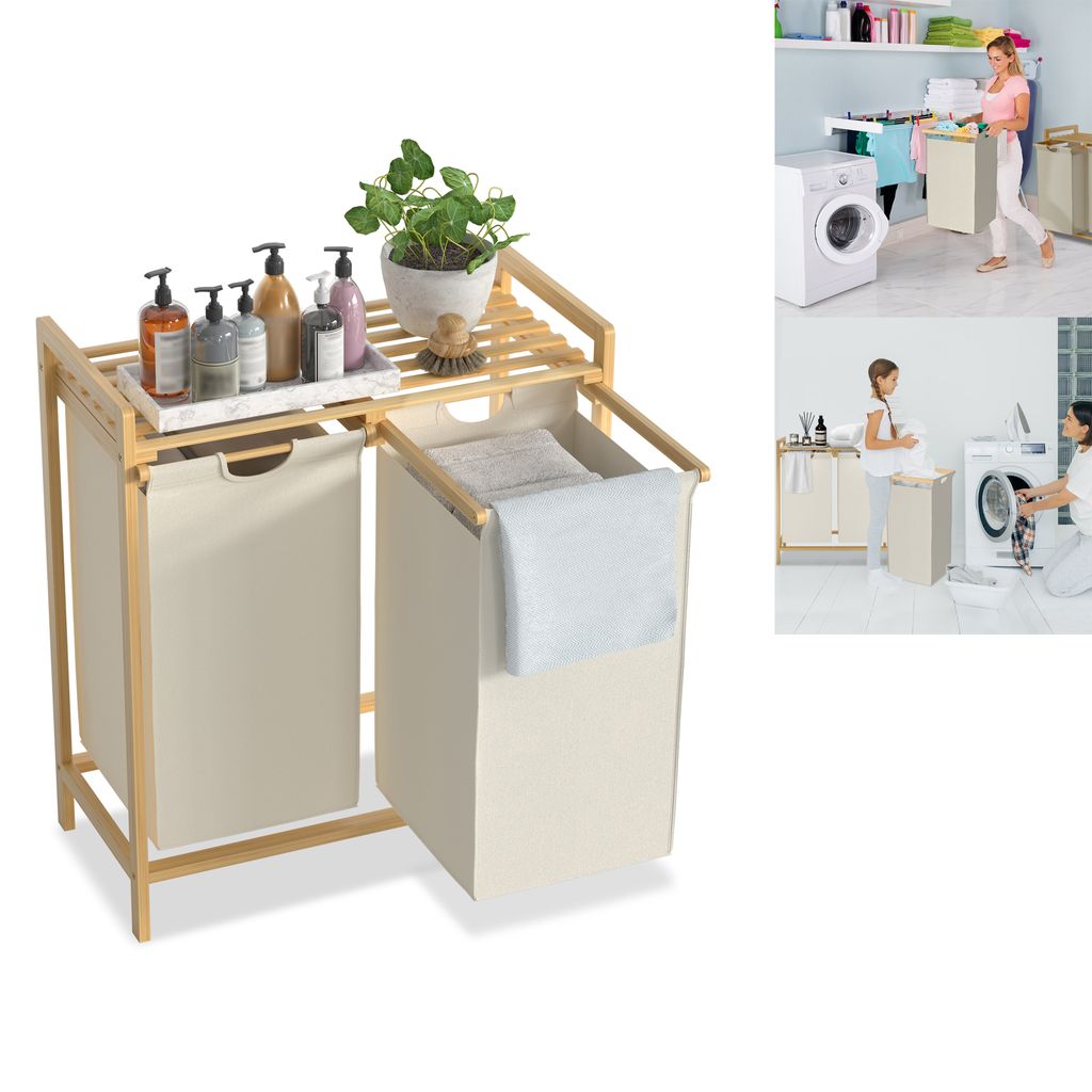 XMTECH Wäschekorb, 2 Fächer 36L Wäschesammler,Wäschekorb aus robustem mit oberem Regal und abnehmbaren Taschen und Griffen, Wäschesortierer f...