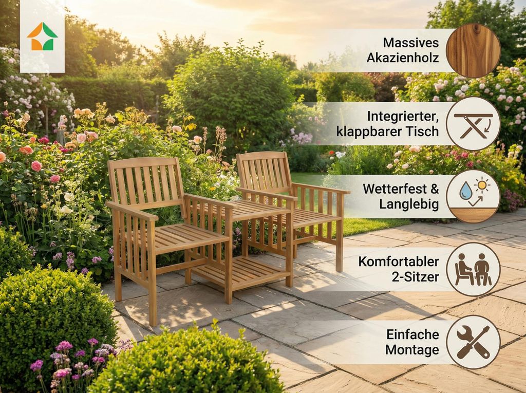 2-Sitzer-Gartenbank mit Beistelltisch, ca. 163 x 63 x 91 cm - Braun