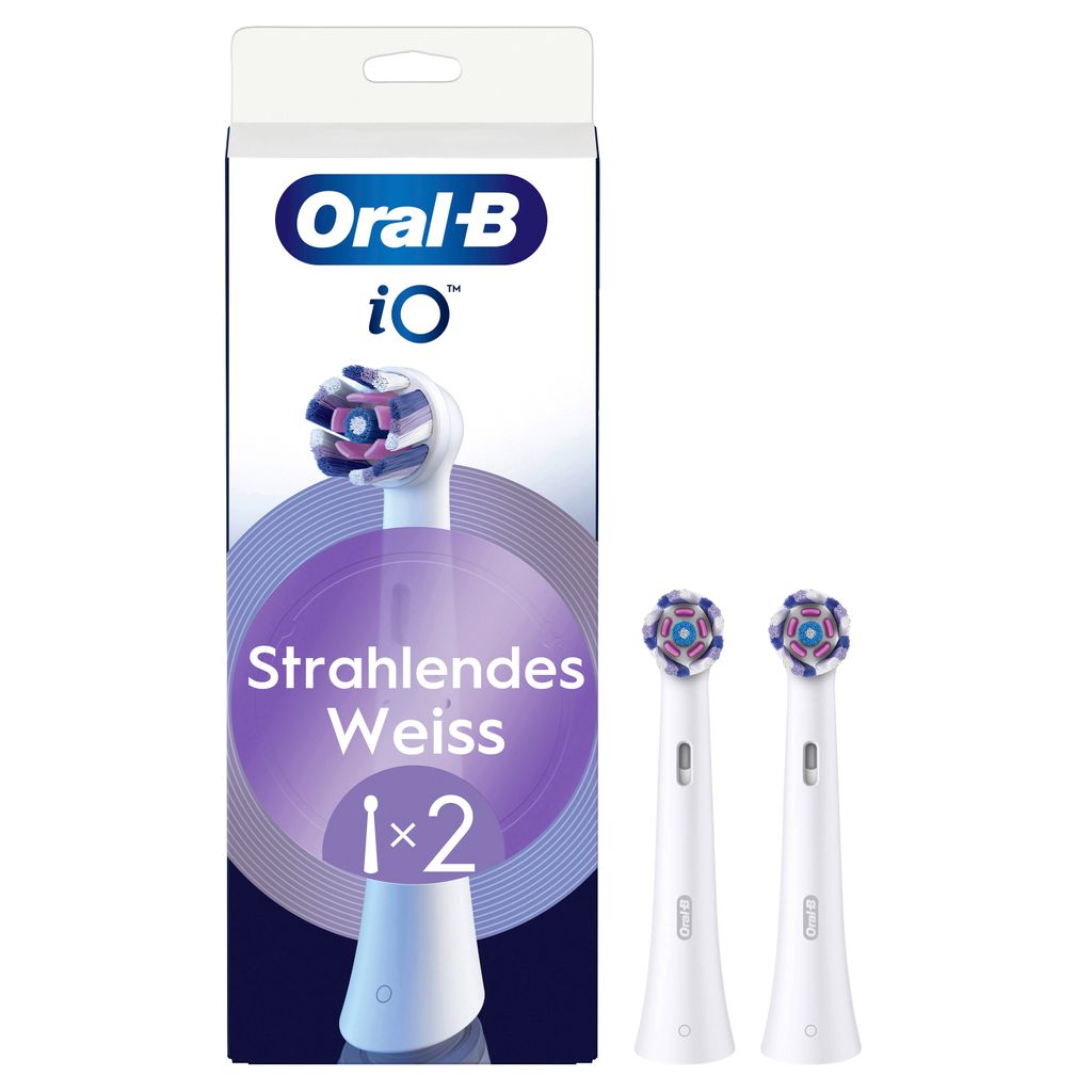 A product package for Oral-B iO toothbrush heads, with two replacement heads shown separately.