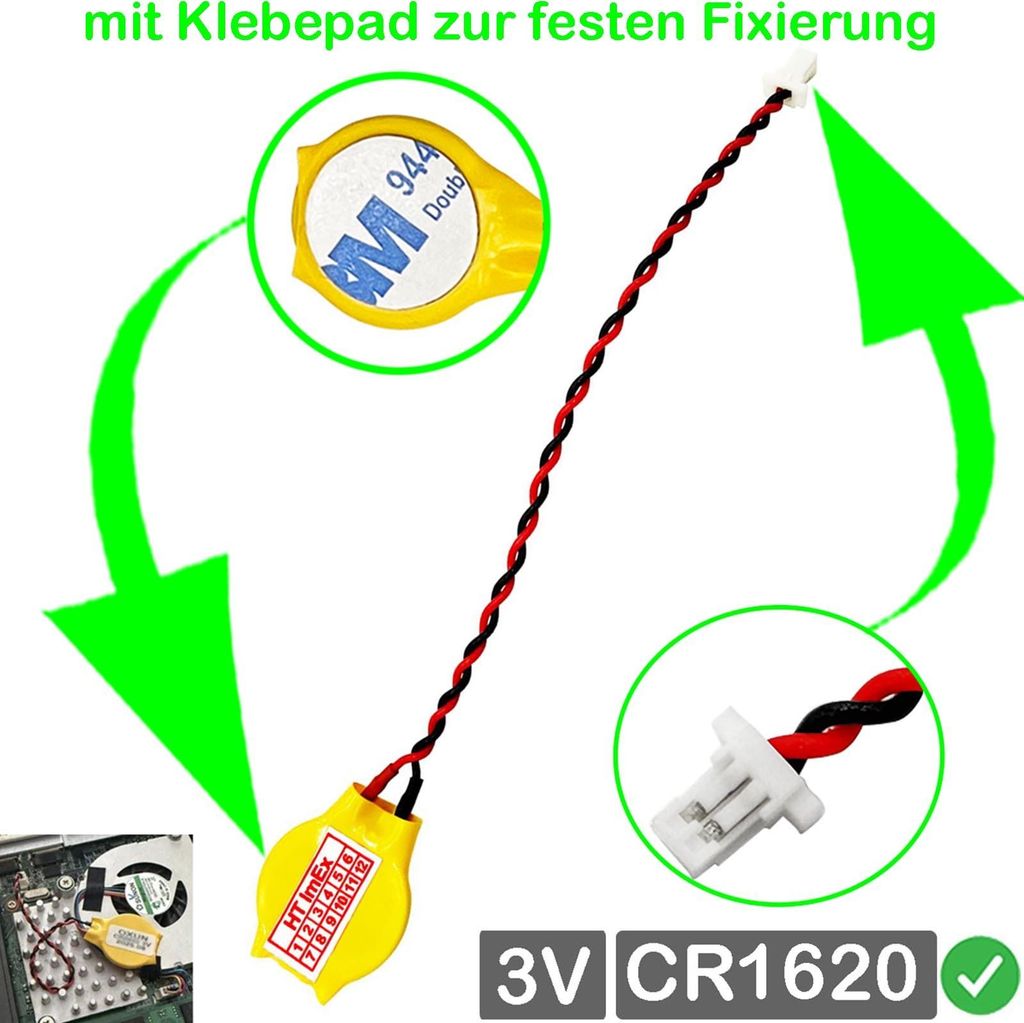 RTC CR1620 BIOS CMOS Batterie Knopfzelle Akku Battery mit Steckerkabel für HP EliteBook 840 G8 (5Z616EA), 840 G8 (4A7C4UP)