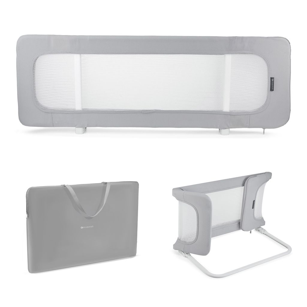 A set of three images showing a foldable bed rail in different configurations: fully extended, folded for storage, and in its carrying bag.