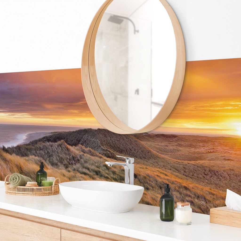 Wandverkleidung Bad Strand selbstklebend - 0.61 mm Wandpaneel matt wasserfest Sonnenuntergang orange Motiv Badrückwand fugenlos 140x40 cm