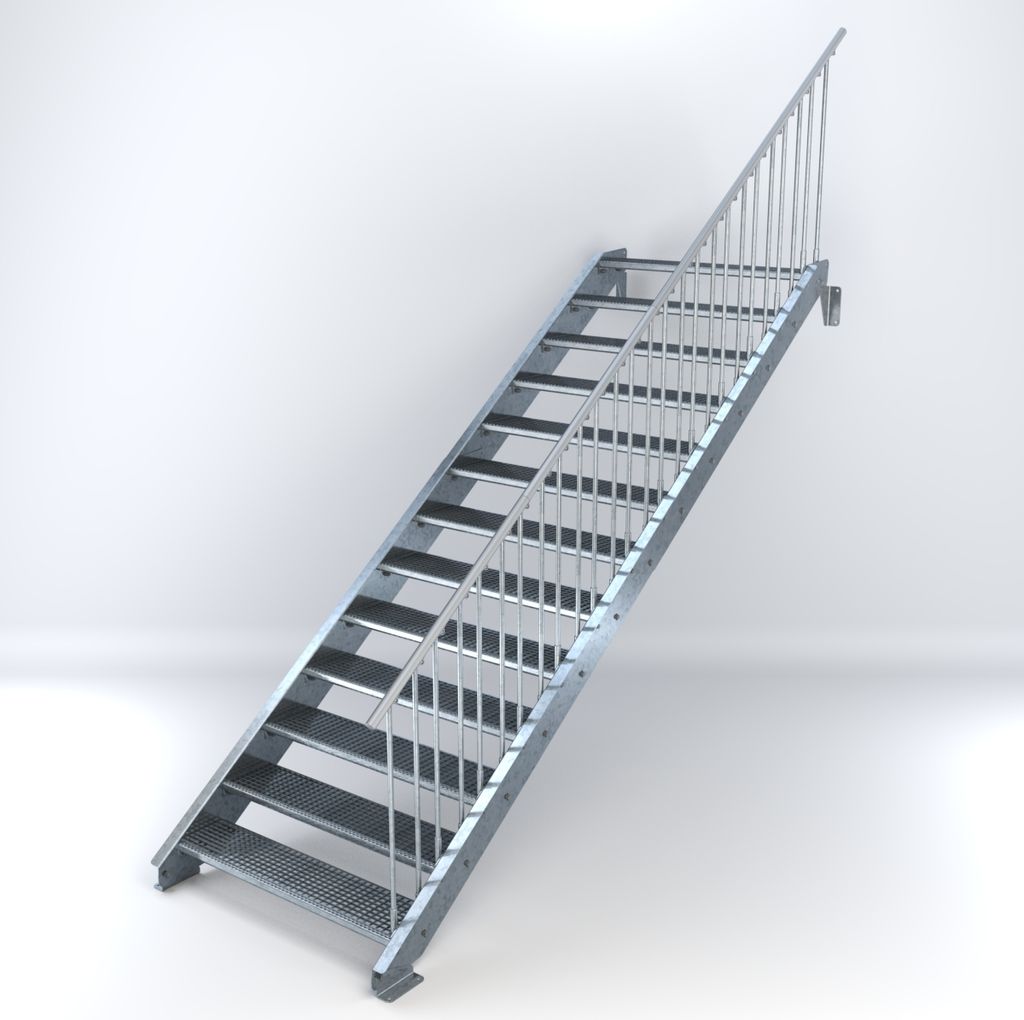 Stahltreppe 13 Stufen bis Höhe 260 cm, Laufbreite : 120 cm Geländer rechts ST 2 (31 / 31 mm gezackt)