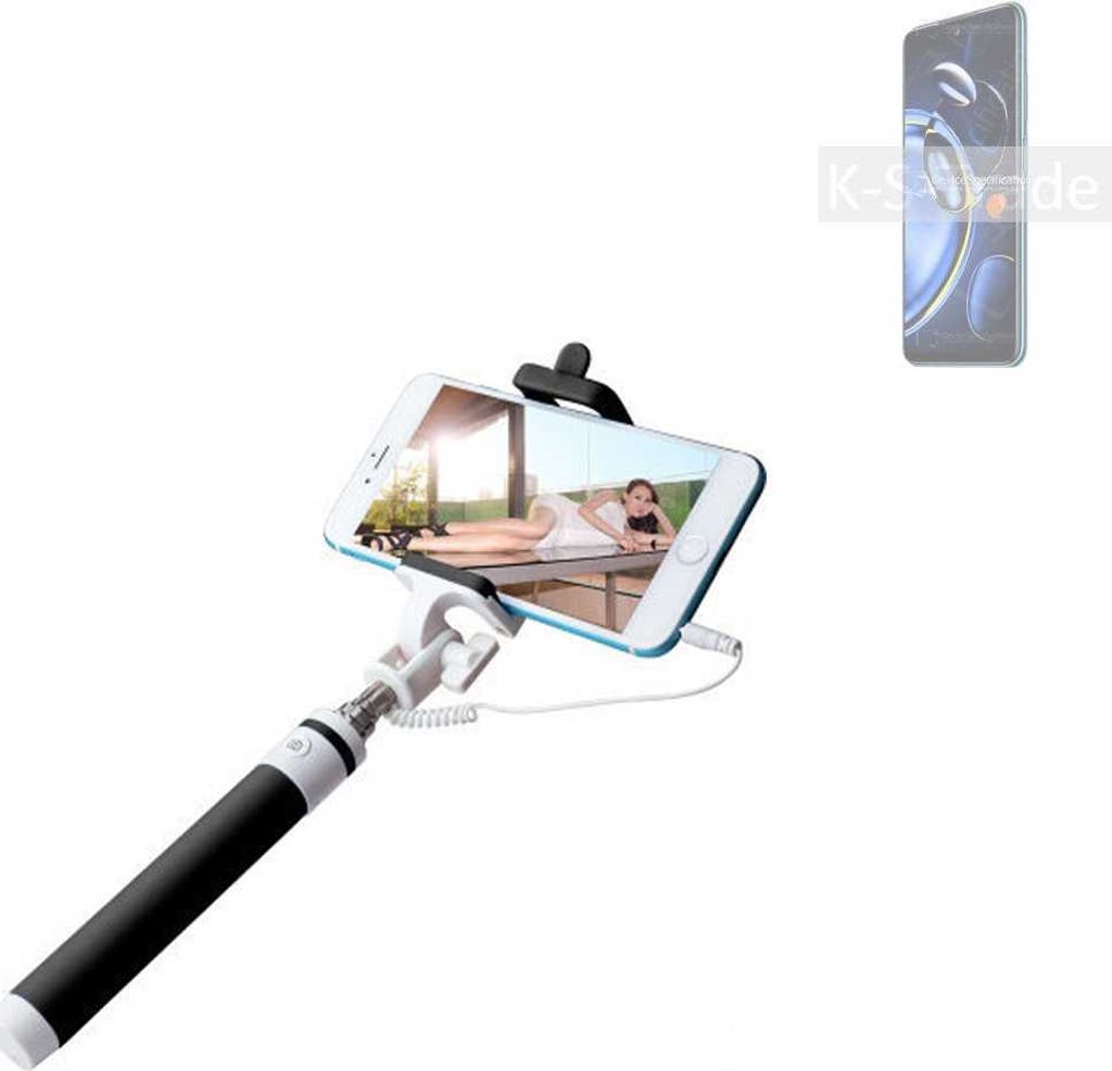 K-S-Trade Selfie Stick kompatibel mit Xiaomi Redmi Note 11SE Selfiestick kabelgebunden Monopod mit Kabel Stab Stange Selfportrait Handheldstick