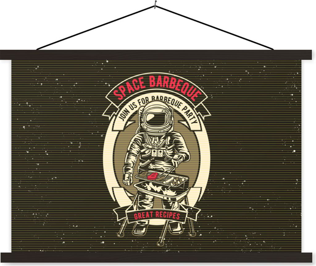 MuchoWow Textilposter Jahrgang - Astronaut - BBQ 60x40 cm mit schwarzem Rahmen - Hölzernes