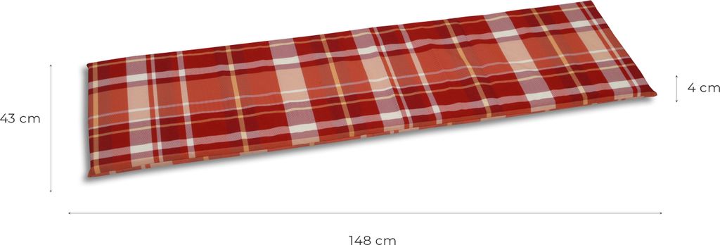 A long, rectangular cushion with a red and white plaid pattern, shown from a slightly elevated side angle.