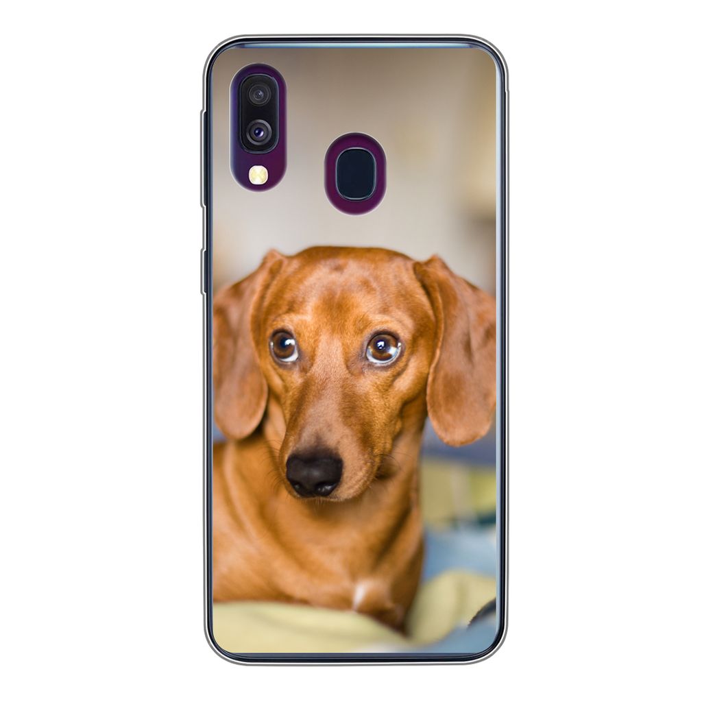 MuchoWow Handyhülle Schutzhülle Hülle für Samsung Galaxy A40 Dackel liegend auf einem Bett Silikon Softcase Handy Hülle - Handy-Tasche