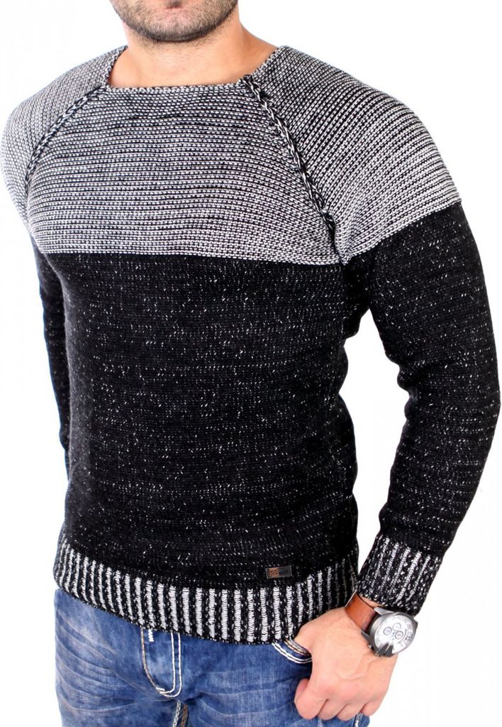 Reslad Strickpullover Herren Two Tone Rundhals Pullover Produktbild 