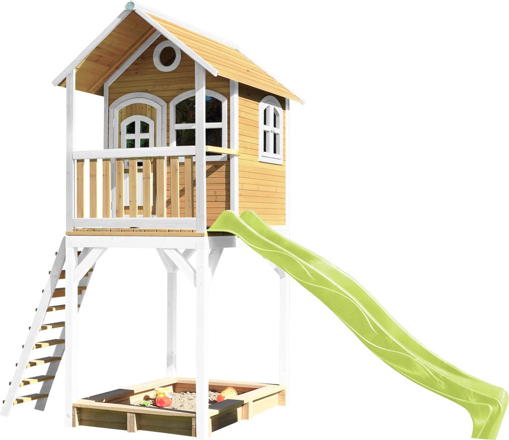 AXI Spielhaus Romy mit Sandkasten & hellgrüner Rutsche | Stelzenhaus in Braun & Weiß aus Holz für Kinder | Spielturm für den Garten