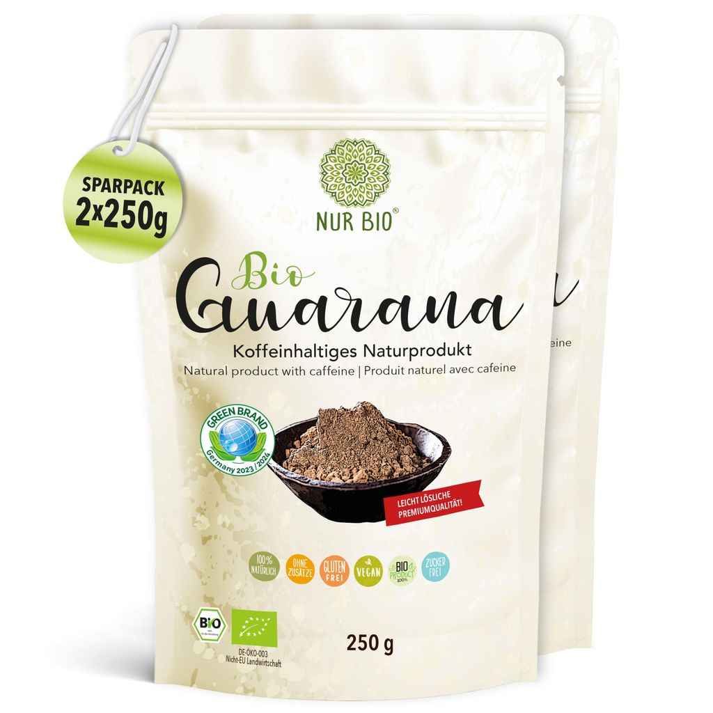 NUR BIO Bio Guarana Pulver 2 x 250 g natürliches Koffein ohne Zusätze vegan Energie-Getränk Kaffee-Ersatz