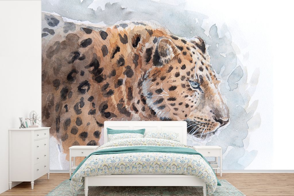 MuchoWow Fototapete für Wohnzimmer oder Schlafzimmer Wandtapete Vinyl Motivtapete Leopard - Aquarell - Blau - 390x260 cm - Papiertapete