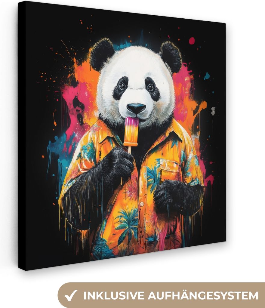 MuchoWow - Leinwandbilder - Graffiti - Sommer - Panda - Eiscreme - Tier, Wandbild, Wanddeko Bilder Wohnzimmer, 90x90 cm