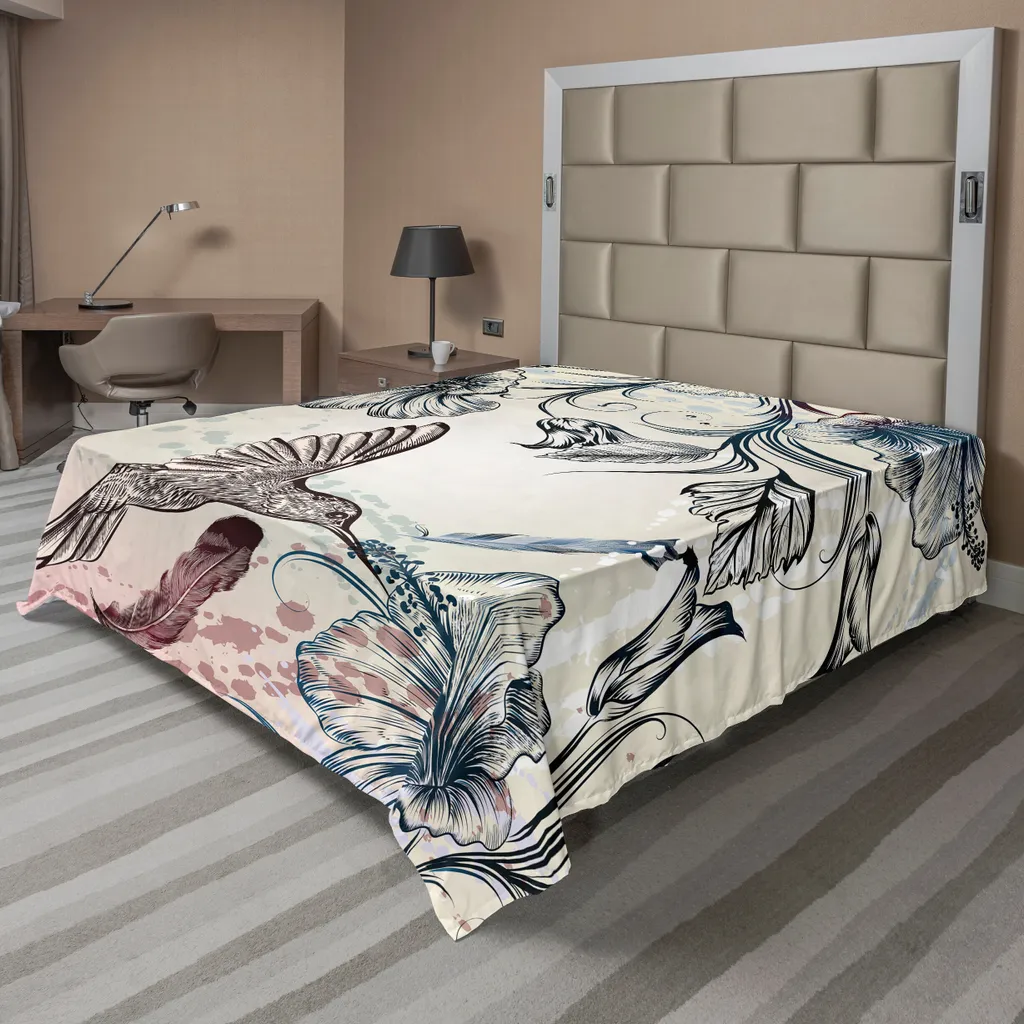 Drap plat décoratif Imprimé Floral avec Colibris et Hibiscus 266x260 cm