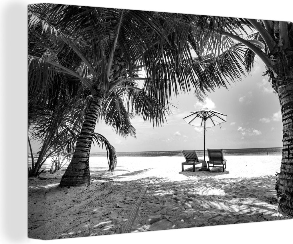 OneMillionCanvasses - Leinwandbilder - 150x100 cm, Strandkörbe an einem tropischen Strand - schwarz und weiß, Wandbilder Kunstdruck Wanddekoration