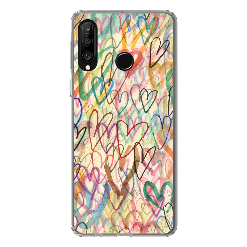 MuchoWow Handyhülle Schutzhülle Hülle für Huawei P30 Lite Eine Illustration mit Herzen im Hintergrund Silikon Softcase Handy Hülle - Handyh...