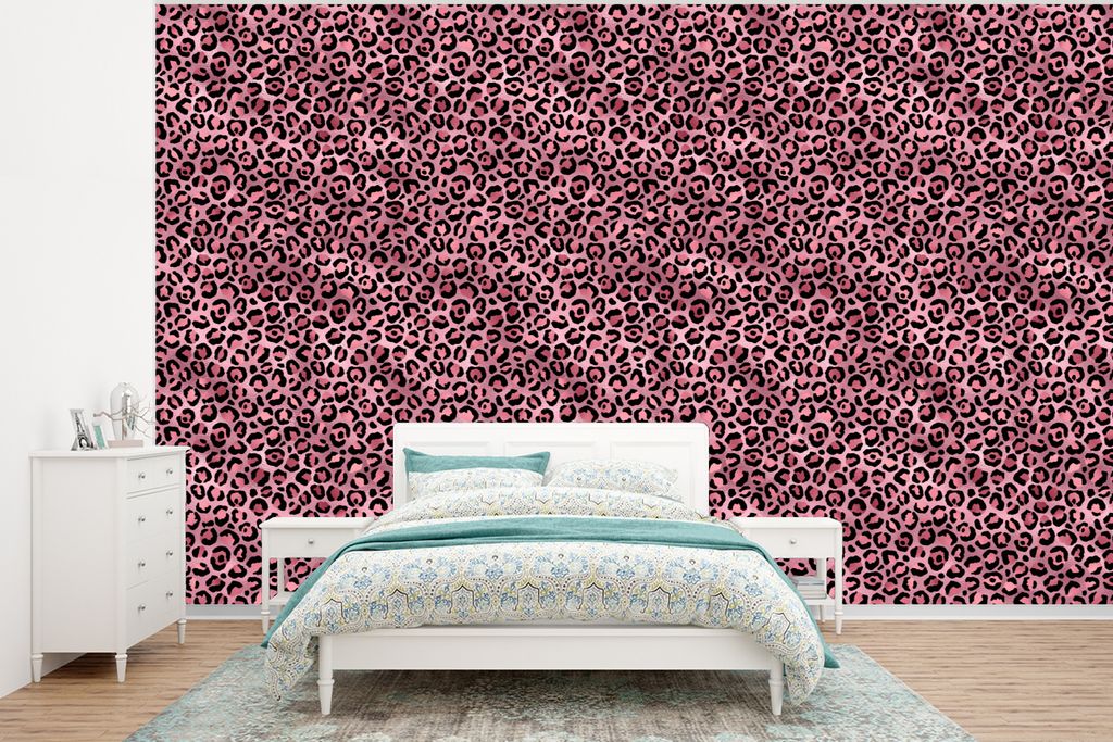 MuchoWow Fototapete für Wohnzimmer oder Schlafzimmer Wandtapete Vinyl Motivtapete Panther - Rosa - Tiermotiv - Muster - 375x280 cm - Schlafzimme...