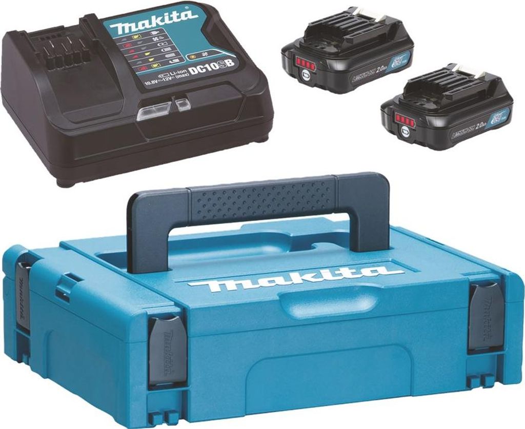 A Makita charger, two batteries, and a storage case are displayed together on a white background.