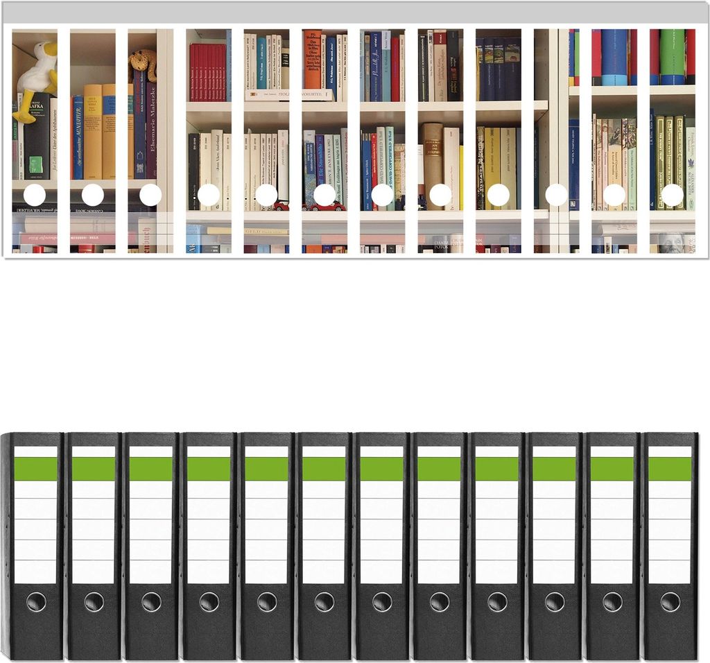 Wallario 12 Stück breite Ordner inkl. Klebeetiketten mit Motive Weißes Bücherregal mit unterschiedlichen Büchern - Set mit Rückenschildern / O...