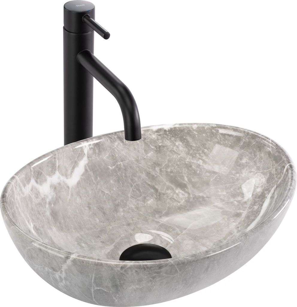 A grey oval marble sink with a black faucet against a white background.