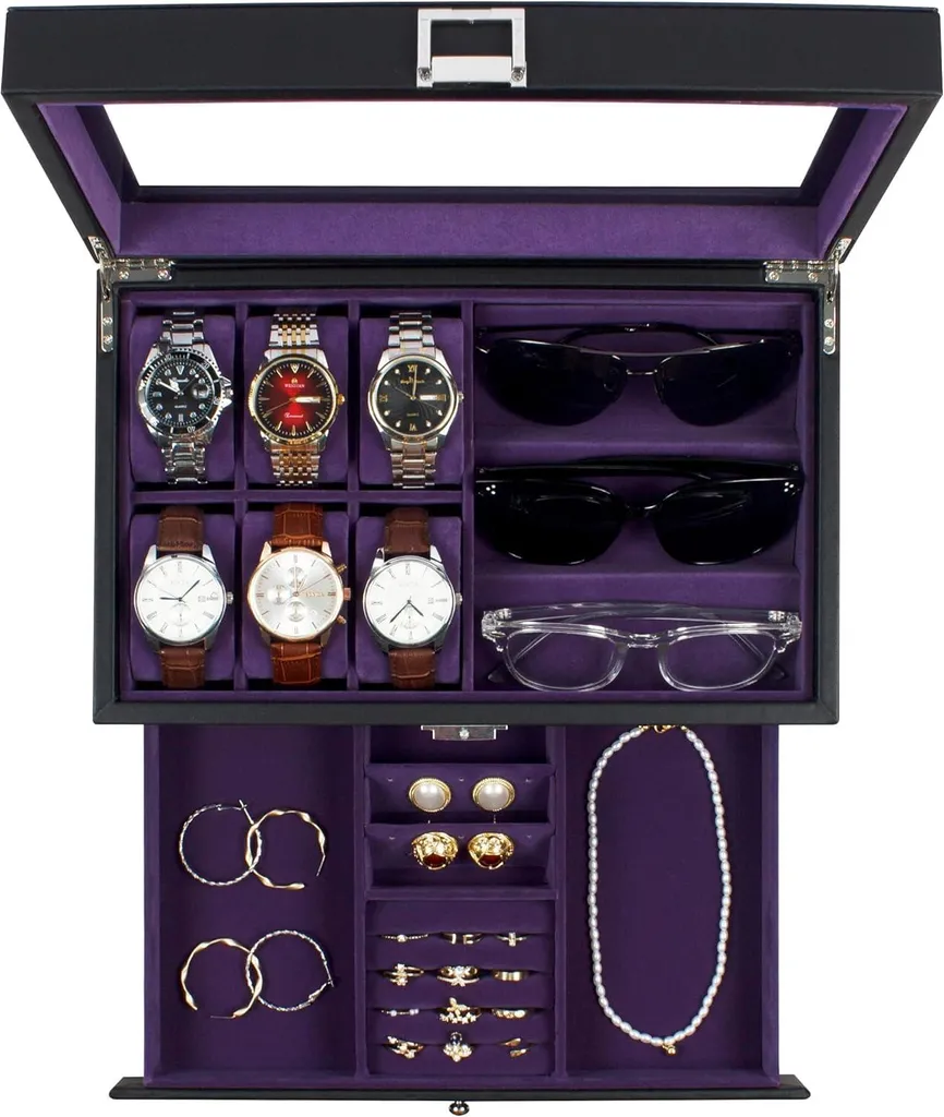 Boîte de rangement montres et lunettes de soleil avec vitre en verre