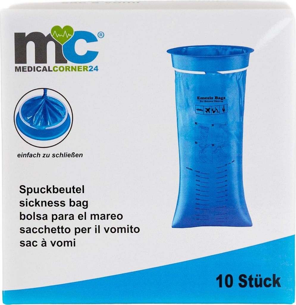 The image shows the packaging of sickness bags.