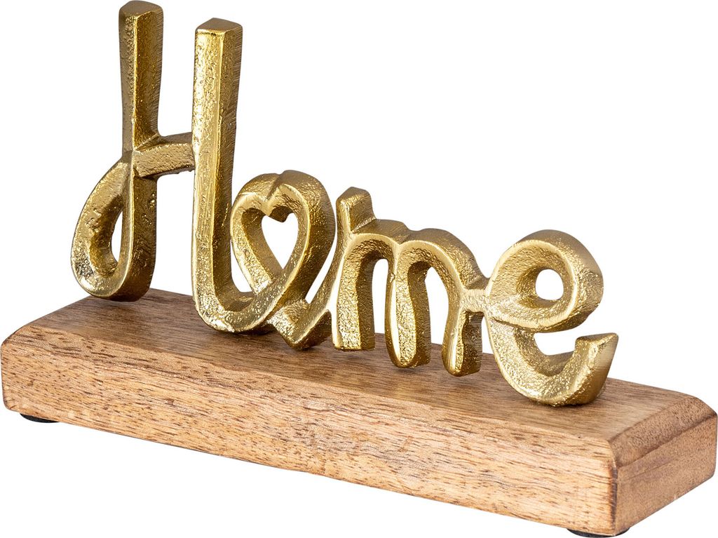 Aufsteller Home H11cm Schriftzug Gold Metall Holz Deko Mangoholz Tischdeko