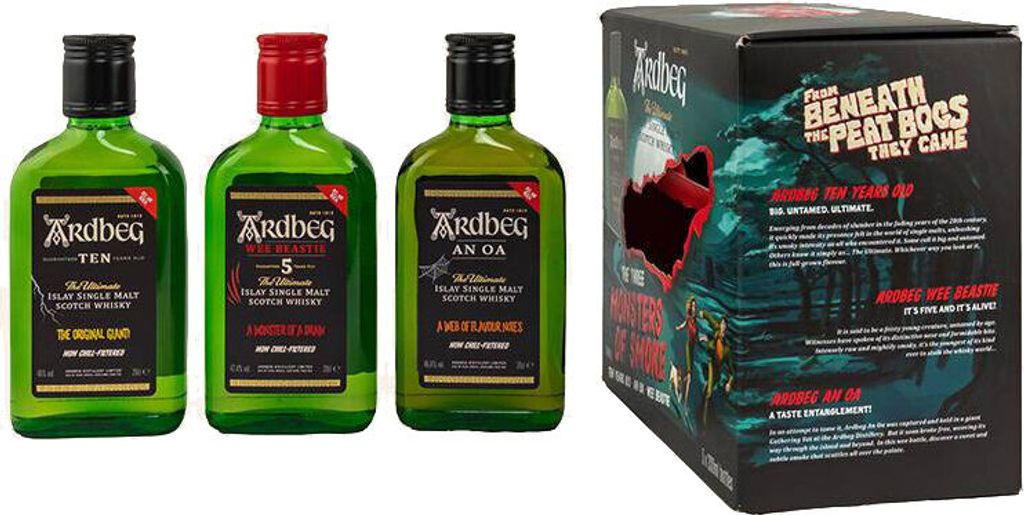 Three small bottles of Ardbeg whisky and a branded box.