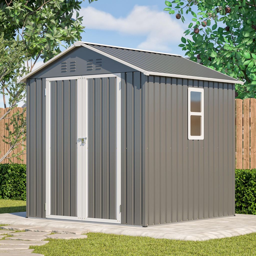 Metall Geräteschuppen Gerätehaus mit Fundament mit Fenster Satteldach Schuppen Pultdach 6m³ Grau