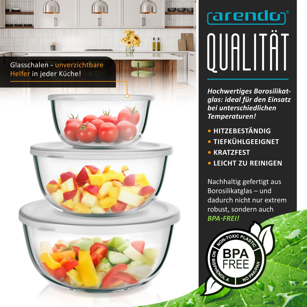 Arendo Salatschüssel 3er Set mit Deckel, Glasschüssel 1,1L