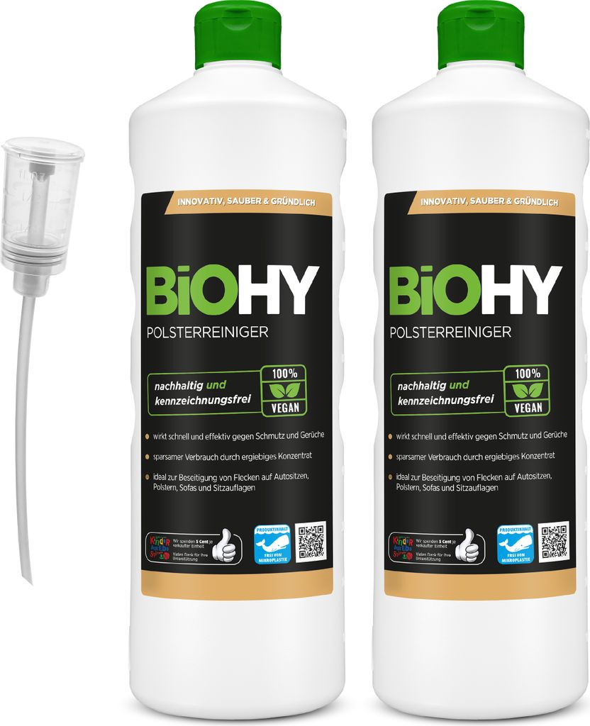 BiOHY Spezial Polsterreiniger (2x1l Flasche) + Dosierer | Ideal für Autositze, Sofas, Matratzen etc. | Ebenfalls für Waschsauger geeignet