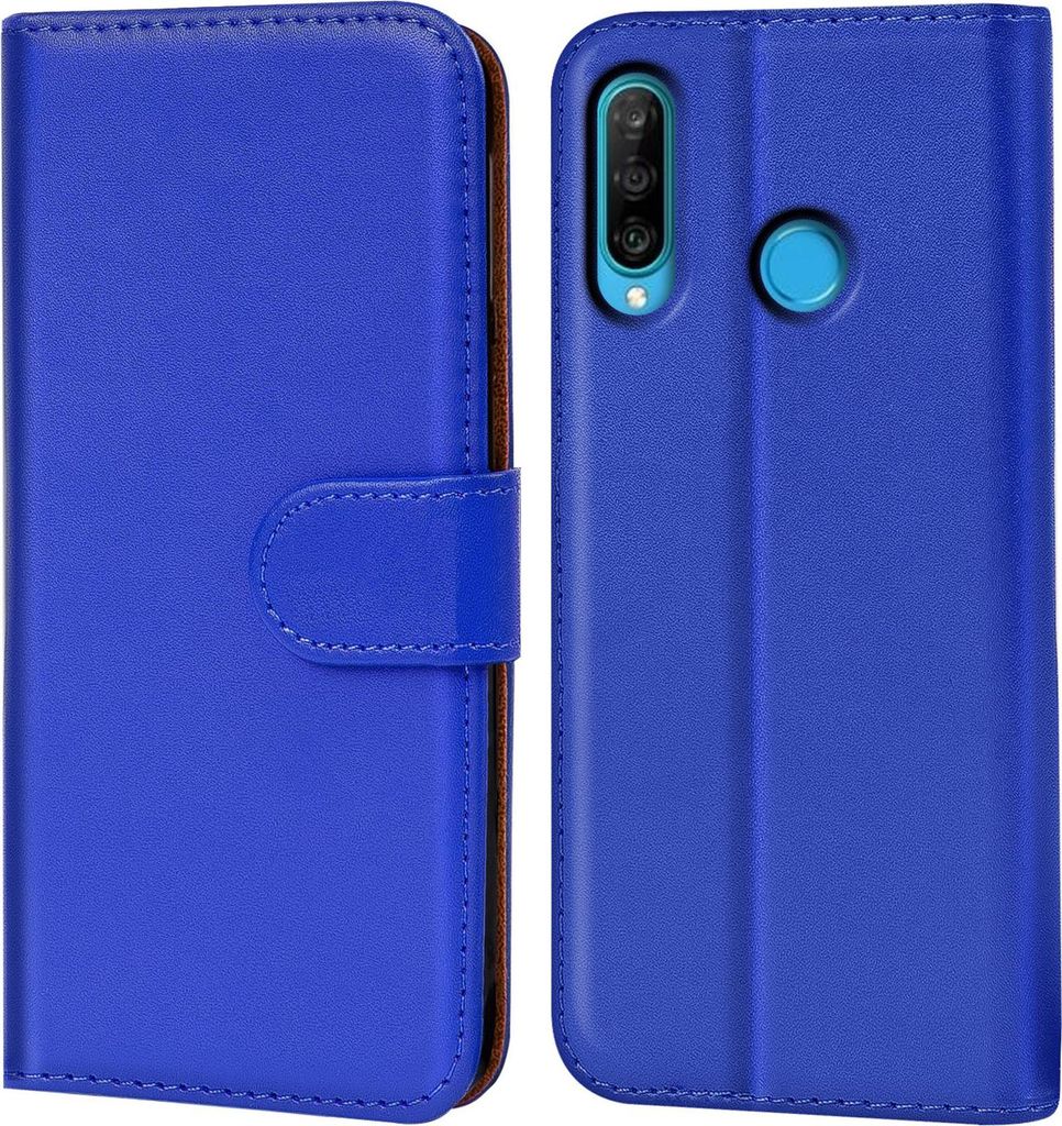 A blue flip case for a Huawei P30 Lite phone is shown, with the phone inserted into the case on the right side of the image. The case is open, revealing the phone's camera.
