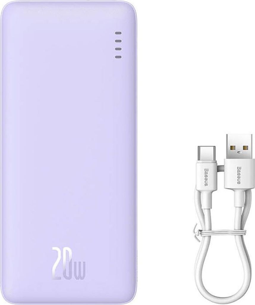A purple power bank and a white charging cable are shown on a white background.