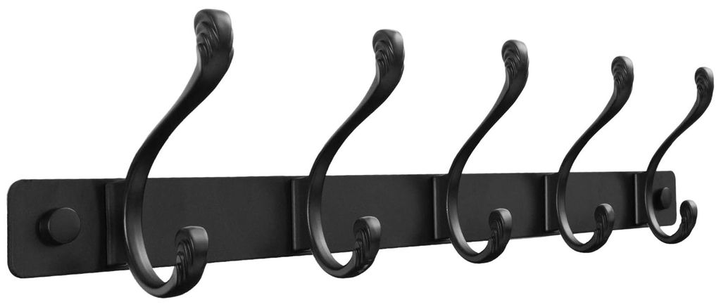 Schwarze Metall-Garderobenhaken – Wandgarderobe mit 5 Doppelhaken – Gebogene Garderobe für Jacken, Mäntel und Taschen – Hakenleiste für Kl...