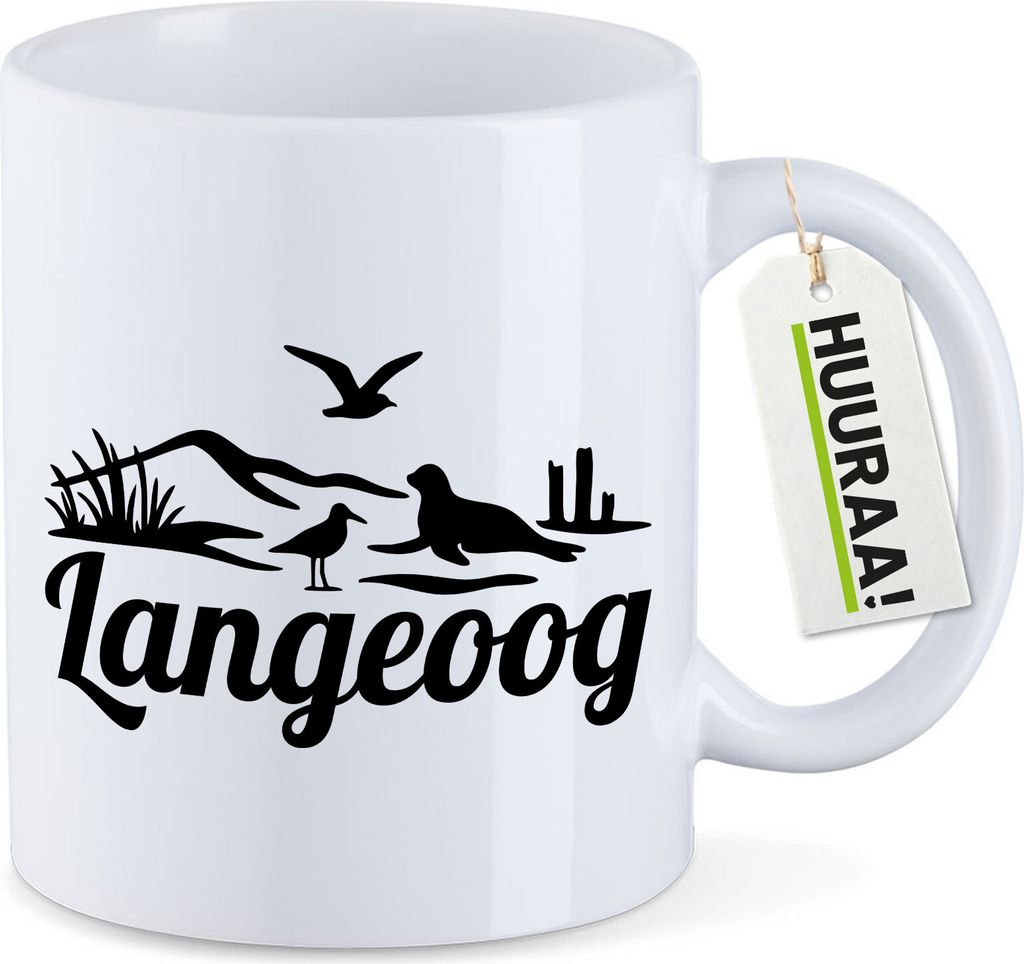 Huuraa Kaffeetasse Langeoog Strandmotiv 330ml Weiß Keramik Kaffeebecher Geschenkidee