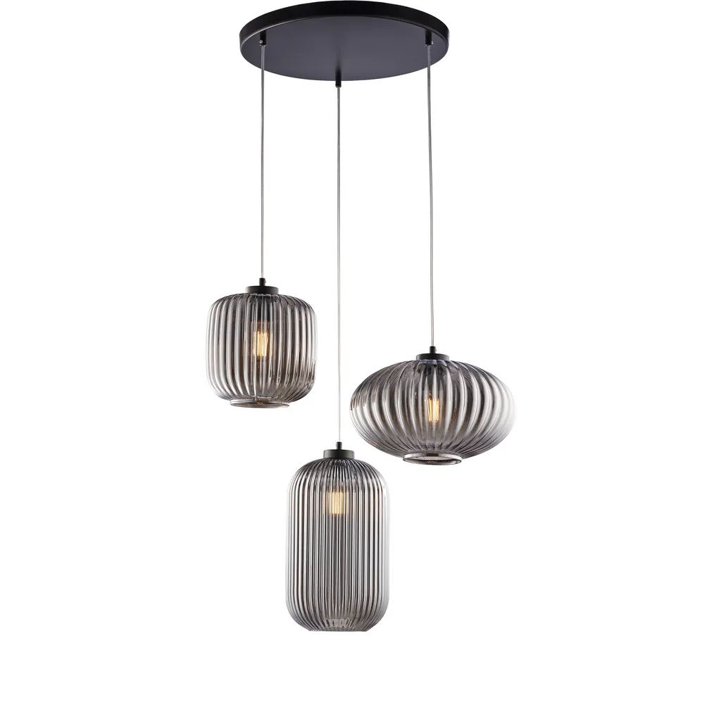 Suspension 3 Lumières en Verre Soufflé Miroir Gris et Structure en Fer