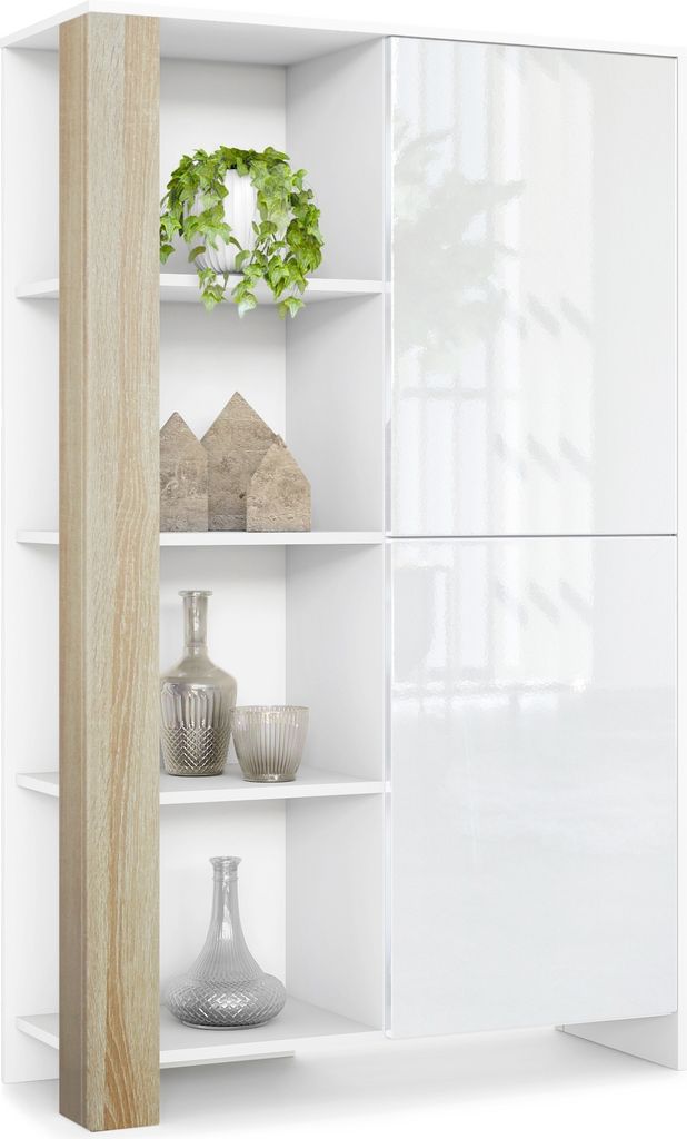 Vladon Highboard Canto, Germany, hoher Schrank mit 2 Türen und 8 Fächern, Korpus Weiß matt, Fronten Weiß Hochglanz, Nachbildung-Paneele Eiche s...