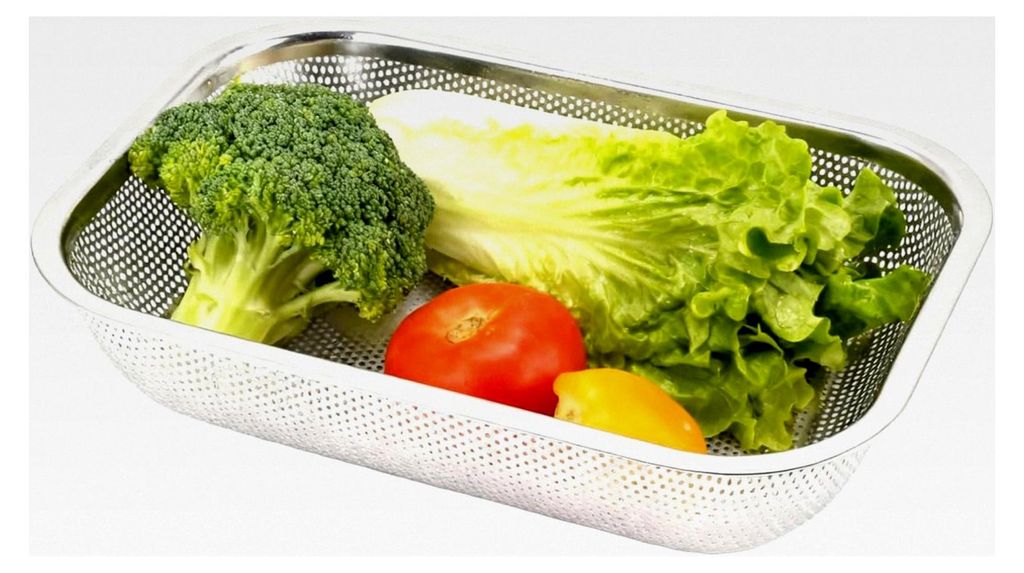 Rechteckiges Küchensieb 37 cm aus Edelstahl, mikroperforiertes Abtropfsieb für Gemüse, Nudeln, Obst und Reis