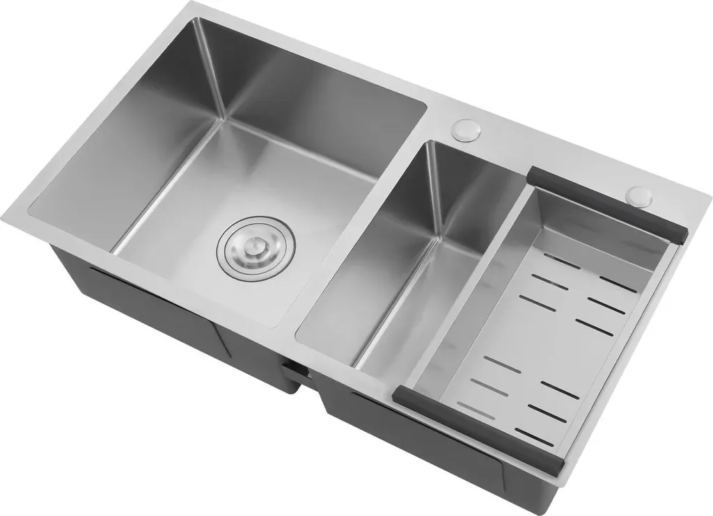 Évier de cuisine double bac inox argenté - Fini les bruits de vaisselle