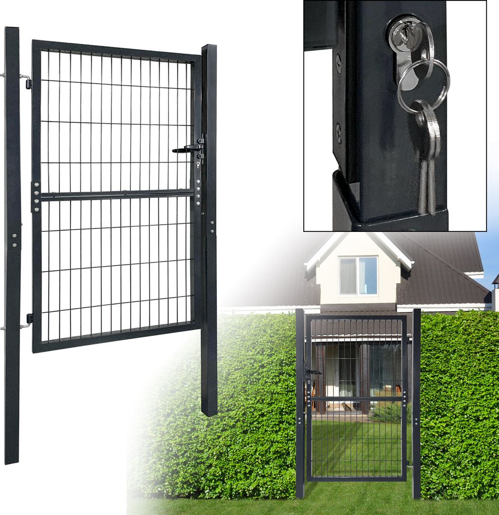A garden gate is shown in a collage with a close-up of the lock and keys, and a view of the gate in a garden setting.