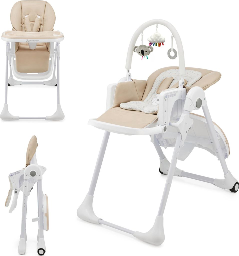 A beige and white Kinderkraft TUMMIE 2-in-1 high chair is shown in a studio setting with a white background. The image is a collage of three different views of the high chair: a front view, a side view of the folded chair, and a close-up of the main chair 