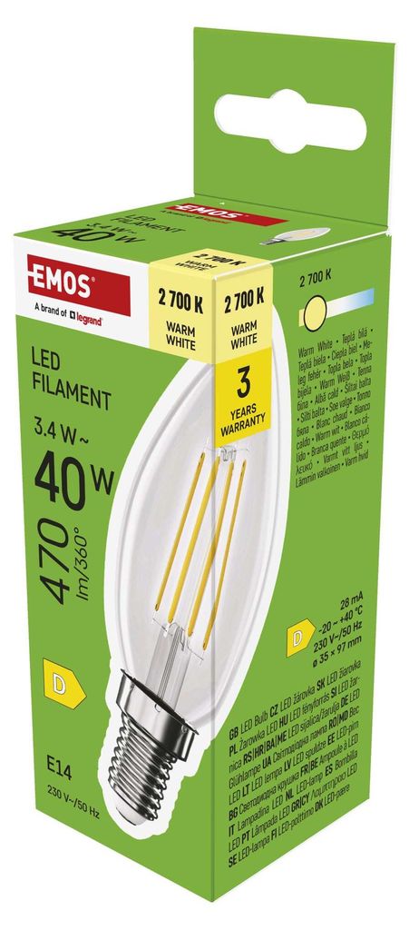 EMOS LED Lampe Edison Candle, 3,4W Ersatz für 40W, Vintage-Glühlampe mit E14 Sockel, Helligkeit 470lm, Warmweiß 2700K, 25000h Lebensdauer, ZF3D22