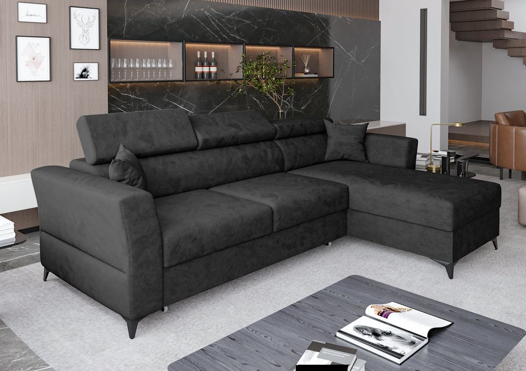 AX LIVING Ecksofa klein mit Schlaffunktion Ribella 265 cm antrazit L-Form, Bettkasten Rechts
