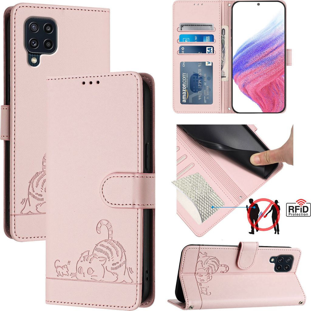 Leder Hülle für Samsung Galaxy M32 4G Süße Katze Flip Case Brieftasche Schutzhülle mit Standfunktion Pink